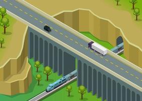 multi nivel intersección de carreteras con ferrocarriles vector