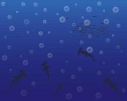 Vector landscape with silhouettes of the seabed with different types of fish and bubbles for background or banners