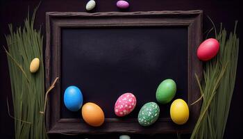 Colorful Easter eggs laying on grass and framing a chalkboard . photo