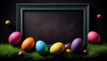 Colorful Easter eggs laying on grass and framing a chalkboard . photo