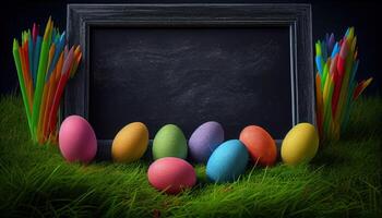 Colorful Easter eggs laying on grass and framing a chalkboard . photo