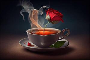 single red rose in a tea cup, with a tea bag shaped like a heart floating in the steaming tea . photo