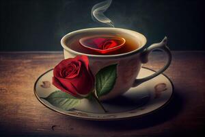 single red rose in a tea cup, with a tea bag shaped like a heart floating in the steaming tea . photo