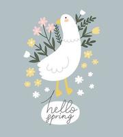 Hola primavera. dibujos animados pájaro, flores, mano dibujo letras. vistoso primavera vector ilustración, plano estilo. diseño para imprimir, saludo tarjeta, póster decoración, cubrir