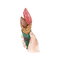 Watercolor Painting of Strawberry and Chocolate Gelato Served in a Cone png