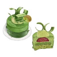 Watercolor Painting of Matcha Raspberry Mousse Cake png