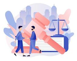 Law and Justice Concept. Justice scales, judge building and judge gavel. Tiny men make a deal. Supreme court. Modern flat cartoon style. Vector illustration