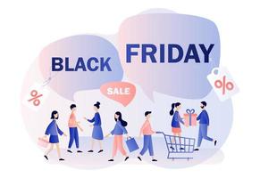 Black Friday Big Sale concept. Tiny people with shopping bags. Modern flat cartoon style. Vector illustration