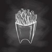 Hand-drawn sketch of  french fries in a box  isolated on chalkboard background. Fast food illustration. Vintage drawing. Element for the design of labels, packaging and postcards. vector