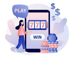 Internet Casino and Gambling Concept. Tiny girl gaming online games on smartphone. People play online Slot Machine. Modern flat cartoon style. Vector illustration