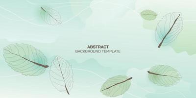 Abstract mixed green watercolor blended background with peppermint leaves childish style.  Botanical leaves and organic shapes doodle lines. Vector background for banner, poster, Web and packaging.