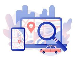 GPS navigation concept. Taxi service. Search on location. Online map. We have moved. Modern flat cartoon style. Vector illustration