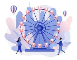 Amusement park concept. Tiny people with carousels, roller coaster, air balloon, circus, fun fair and carnival. Modern flat cartoon style. Vector illustration