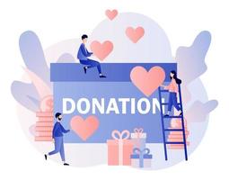 Donation and volunteers work concept. Tiny people help charity and sharing hope. Modern flat cartoon style. Vector illustration