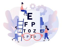 Ophthalmology concept. Eye check up. Ophthalmologist checks patient sight. Modern flat cartoon style. Vector illustration