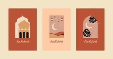 Collection of modern style Eid Mubarak greeting cards with retro boho design, moon, mosque dome and lanterns vector