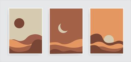 Set of abstract landscape posters. Modern background flat design. Contemporary boho sun moon and mountains minimalist wall decor. vector