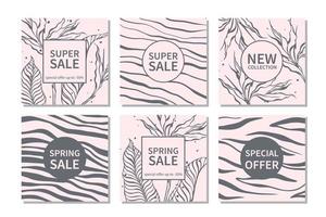 Spring sale. Set of sale banner template for social networks with abstraction and botany. Vector illustration.