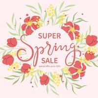 Spring sale banner template for social networks with colotful flowers and lettering. Suitable for promotions, stories, post and internet ads. Vector illustration.