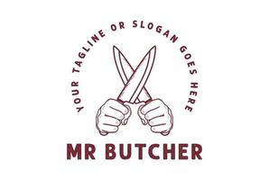 Vintage Retro Hand Hold Crossed Meat Knife for Butcher Logo Design vector