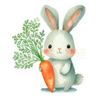 waterverf schattig konijn met wortel, tekenfilm dier karakter. geïsoleerd transparant achtergrond. ai gegenereerd png