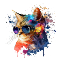 Watercolor cute cat, cool superstar cartoon animal character. Isolated transparent background. png