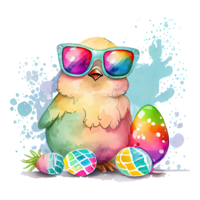 Watercolor cute chick, cool superstar cartoon animal, bird character. Isolated transparent background. png