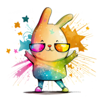 Watercolor cute bunny, cool superstar cartoon animal character. Isolated transparent background. png