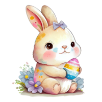 Watercolor cute bunny with egg, cartoon animal character. Isolated transparent background. png