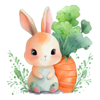 Watercolor cute bunny with carrot, cartoon animal character. Isolated transparent background. png