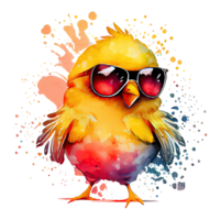 Watercolor cute bunny, cool superstar cartoon animal, bird character. Isolated transparent background. png