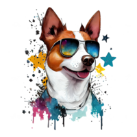 Watercolor cute dog, cool superstar cartoon animal character. Isolated transparent background. png