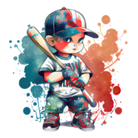 Watercolor cute baseball player, cartoon character. Isolated transparent background. png