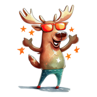 Watercolor cute reindeer, cool superstar cartoon animal character. Isolated transparent background. png