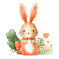 acquerello carino coniglietto con carota, cartone animato animale carattere. isolato trasparente sfondo. ai generato png
