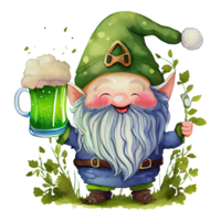 Watercolor cute gnome with mug of beer, st patricks day cartoon character. Isolated transparent background. png