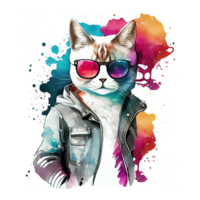 Watercolor cute cat, cool superstar cartoon animal character. Isolated transparent background. Generative AI png