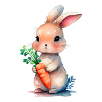 Watercolor cute bunny with carrot, cartoon animal character. Isolated transparent background. png