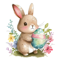 Watercolor cute bunny with egg, cartoon animal character. Isolated transparent background. png