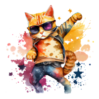 Watercolor cute cat, cool superstar cartoon animal character. Isolated transparent background. Generative AI png