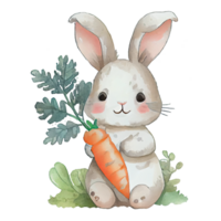 acquerello carino coniglietto con carota, cartone animato animale carattere. isolato trasparente sfondo. generativo ai png