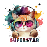 Watercolor cute cat, cool superstar cartoon animal character. Isolated transparent background. png