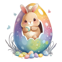 Watercolor cute bunny with egg, cartoon animal character. Isolated transparent background. png