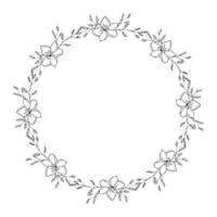 Wreath round frame with doodle flowers hand drawn, drawing contour floral. vector