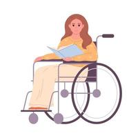 mujer en silla de ruedas con libro. lectura, literatura, enseñando. colegio maestro, bibliotecario, negocio mujer. vector