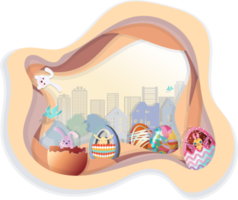 gelukkig Pasen met reeks van Pasen eieren Aan stap van grond met rij van boom en gebouw in achtergrond. png