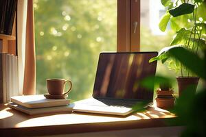 minimalist shot of a generic laptop computer and working accessories resting on a wooden table against the blurred background of the cafeteria. Selective focus. photo