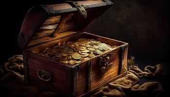 Open treasure chest filled with gold coins. Open treasure chest filled with gold coins. photo