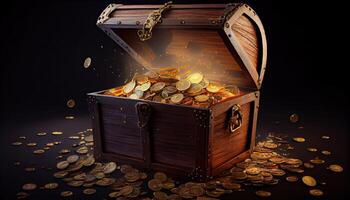 Open treasure chest filled with gold coins. Open treasure chest filled with gold coins. photo