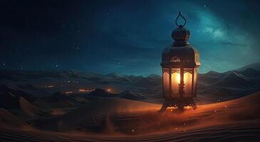 ramadan islamic lantern on desert background, in the style of romantic moonlit seascapes, blue and amber, mysterious dreamscapes, decorative paintings, Illustration photo